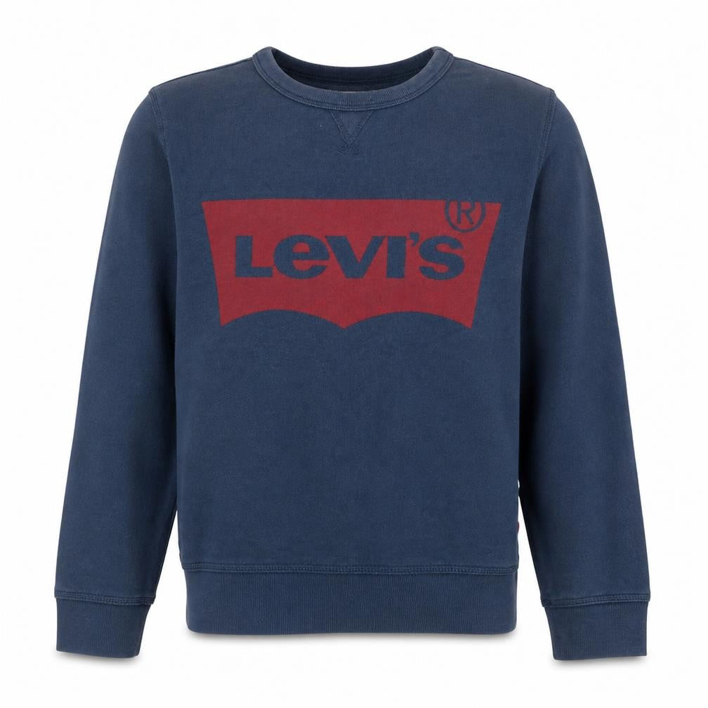 Front view of Levi's boys’ blue logo crew neck pullover sweatshirt age 14
