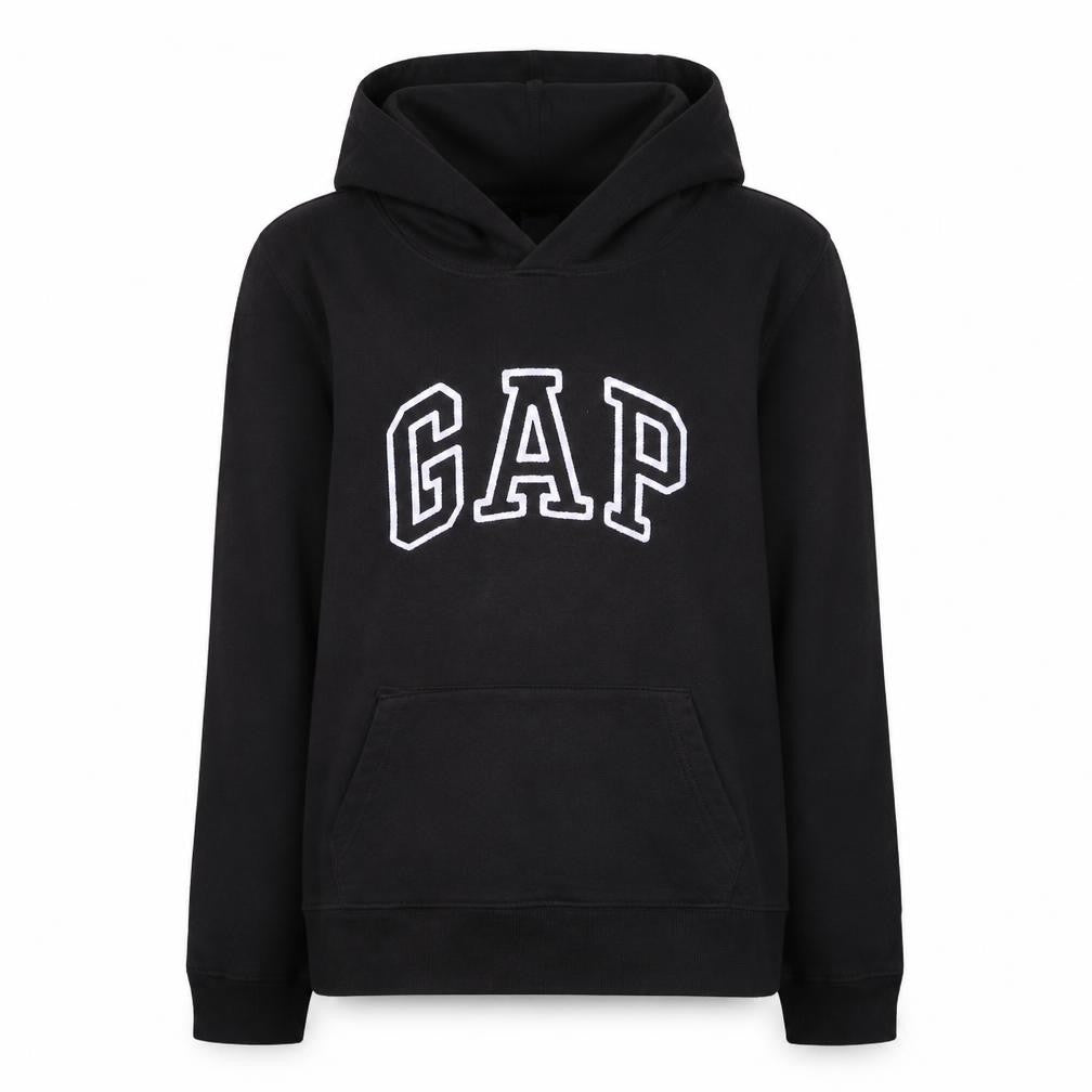 Front view of Gap girls’ black pullover hoodie l embroidered logo casual fleece