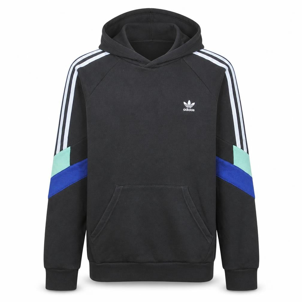 Front view of Adidas boys’ black colourblock pullover hoodie, size 14-15, years