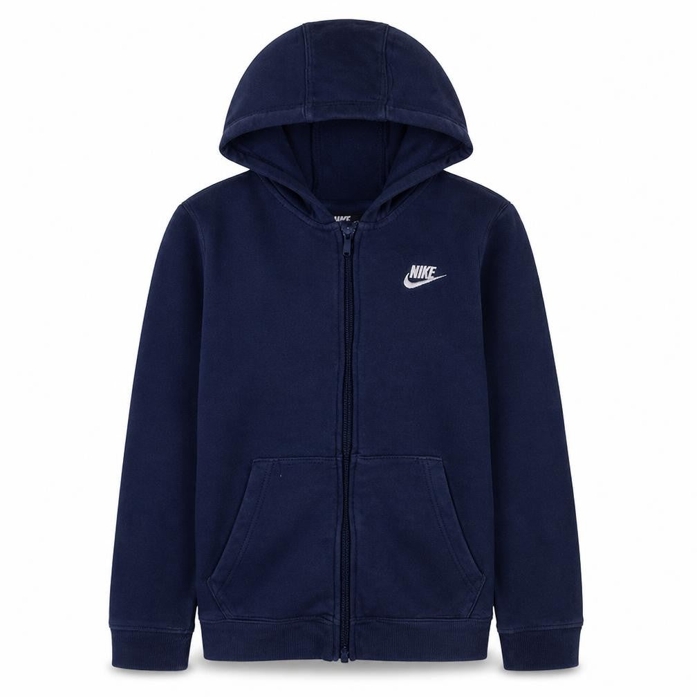 Front view of Nike boys’ navy blue full zip hoodie, size L, 147-158cm standard fit