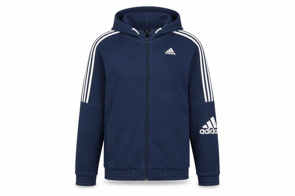 Front view of Adidas Men's Blue Full Zip Hoodie, size S, Sports Fleece
