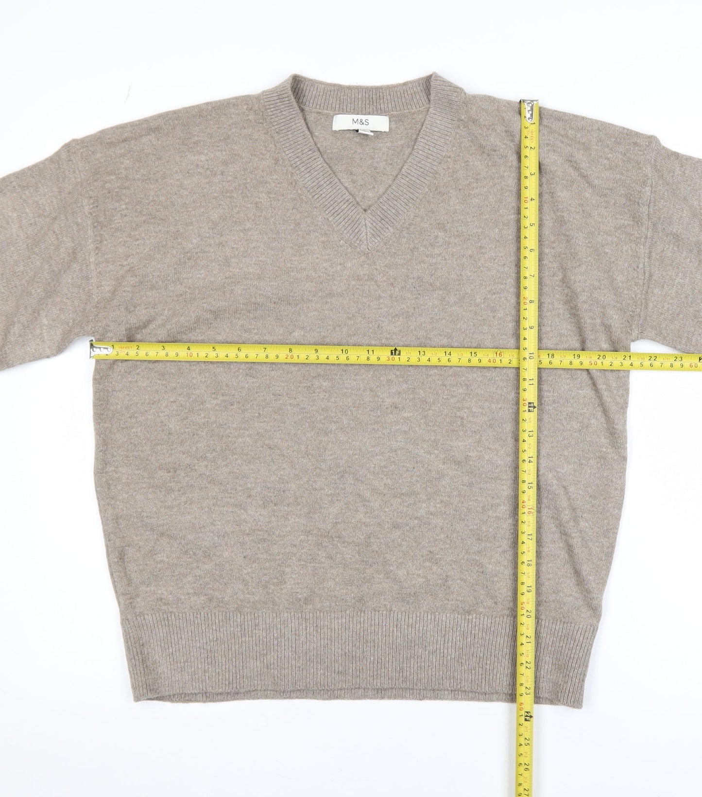 Marks and Spencer Women Beige Wool Blend V-Neck Jumper M