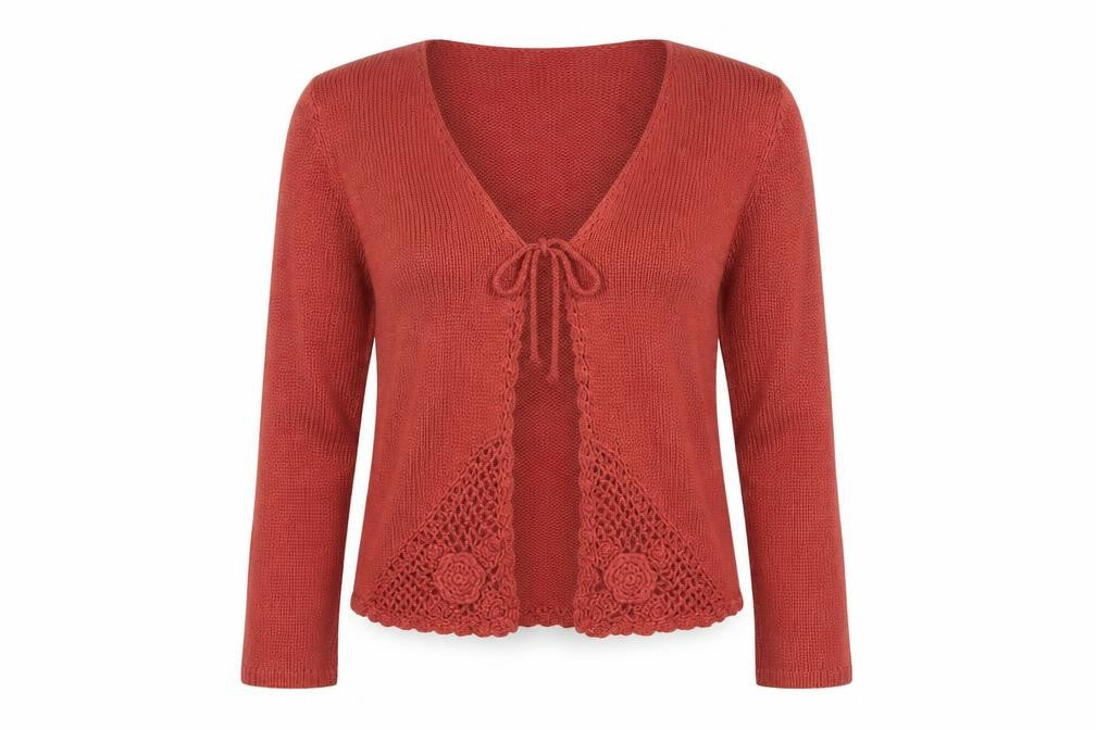 EWM Women Rust Red Crochet Trim Cardigan Size 14/16 Acrylic Knit