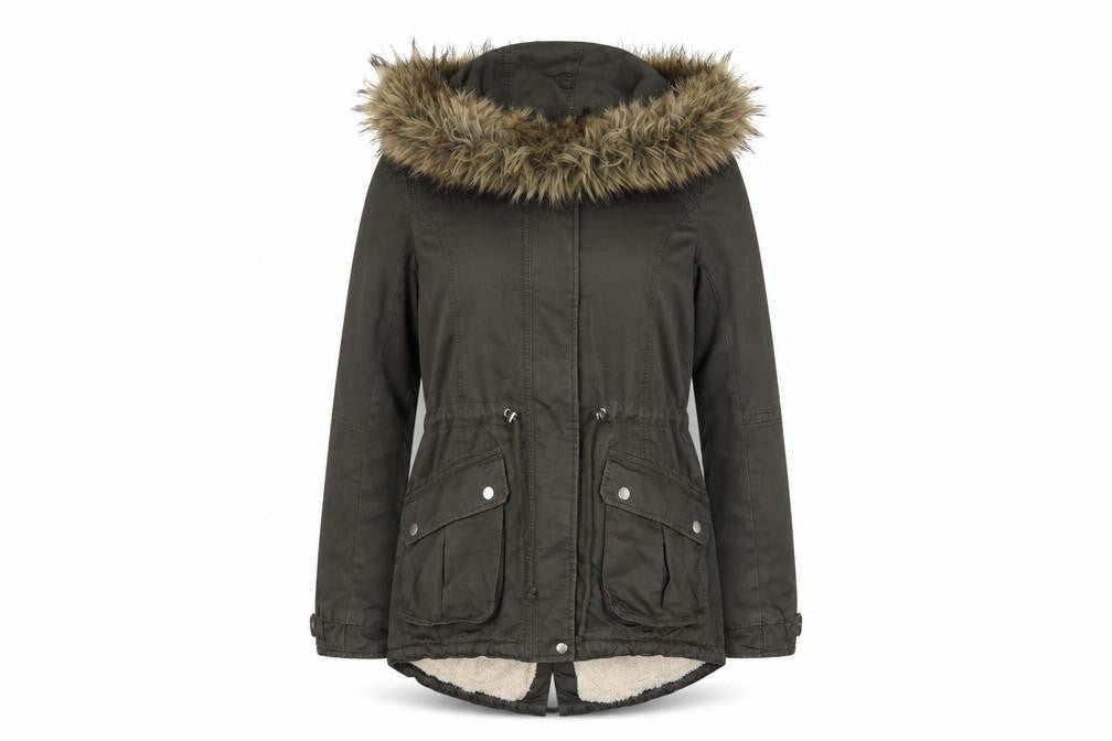 DIVIDED Women’s Green Fur Trim Hooded Parka Coat Size 10