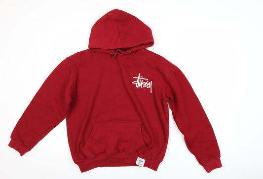 Stussy Men's Red Pullover Hoodie M Graphic Logo Streetwear
