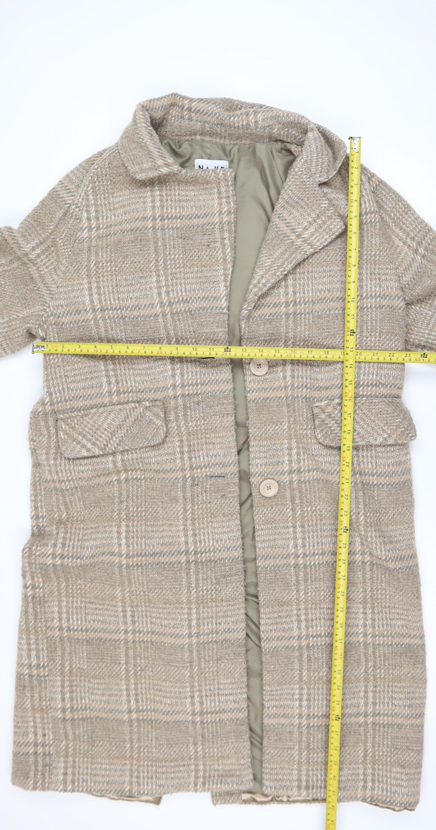 NA-KD Women Beige Check Wool Blend Long Overcoat Size 10