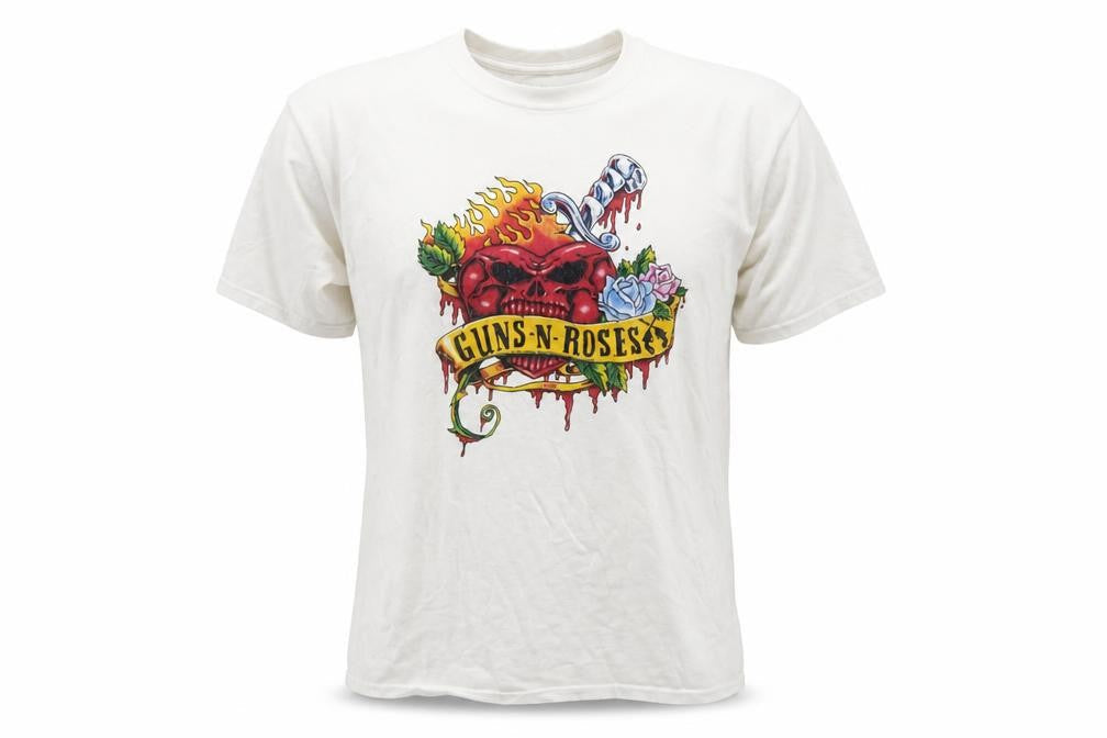 Front view of Absolute Cult men’s white guns n' roses rock band graphic t-shirt l