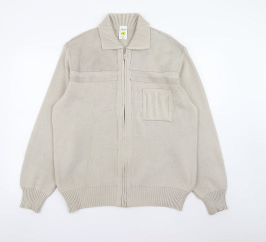 Marks and Spencer Men’s Beige XL Full Zip Knit Jumper with Suede Trim