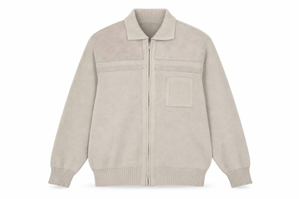 Marks and Spencer Men’s Beige XL Full Zip Knit Jumper with Suede Trim