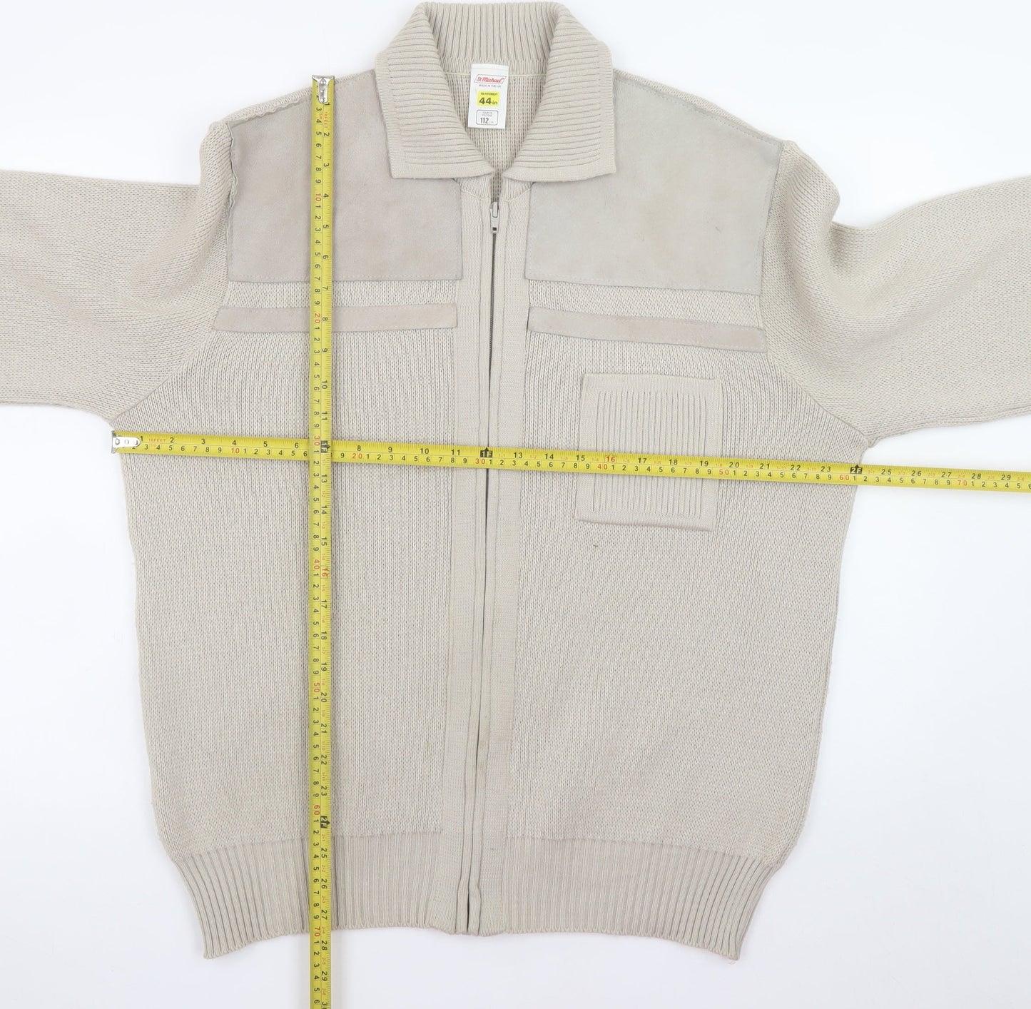 Marks and Spencer Men’s Beige XL Full Zip Knit Jumper with Suede Trim