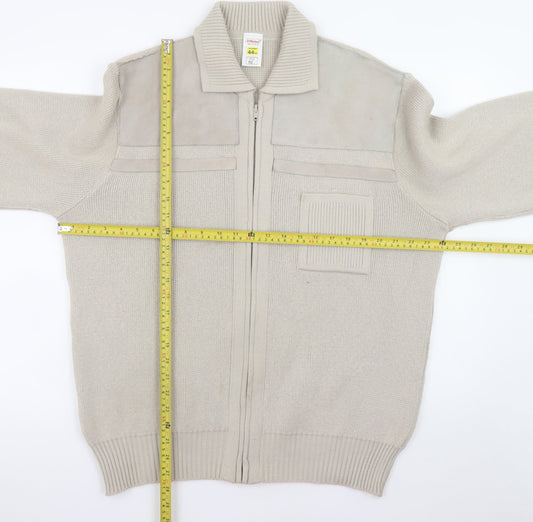 Marks and Spencer Men’s Beige XL Full Zip Knit Jumper with Suede Trim