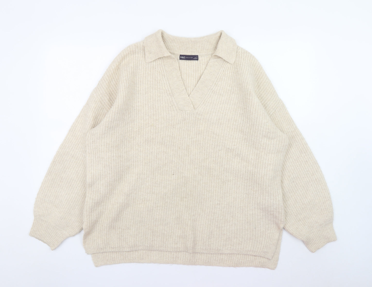 Marks and Spencer Womens Beige Collared Pullover Jumper L Relaxed Fit Knit