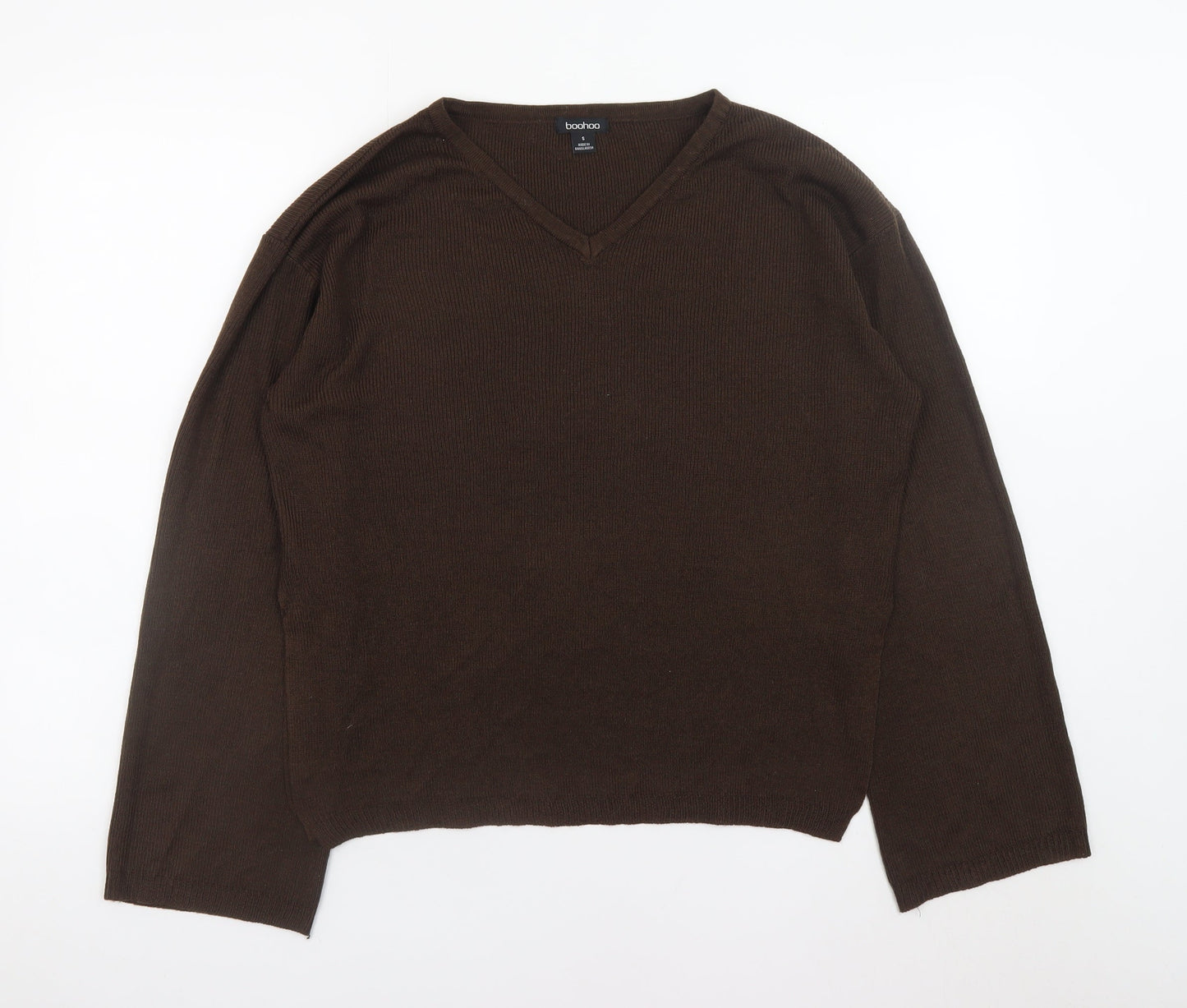 Boohoo Women's Brown V-Neck Long Sleeve Pullover Jumper Size S