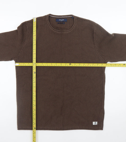 Jack & Jones Men's Brown Waffle-Knit Crew Neck Jumper Size L