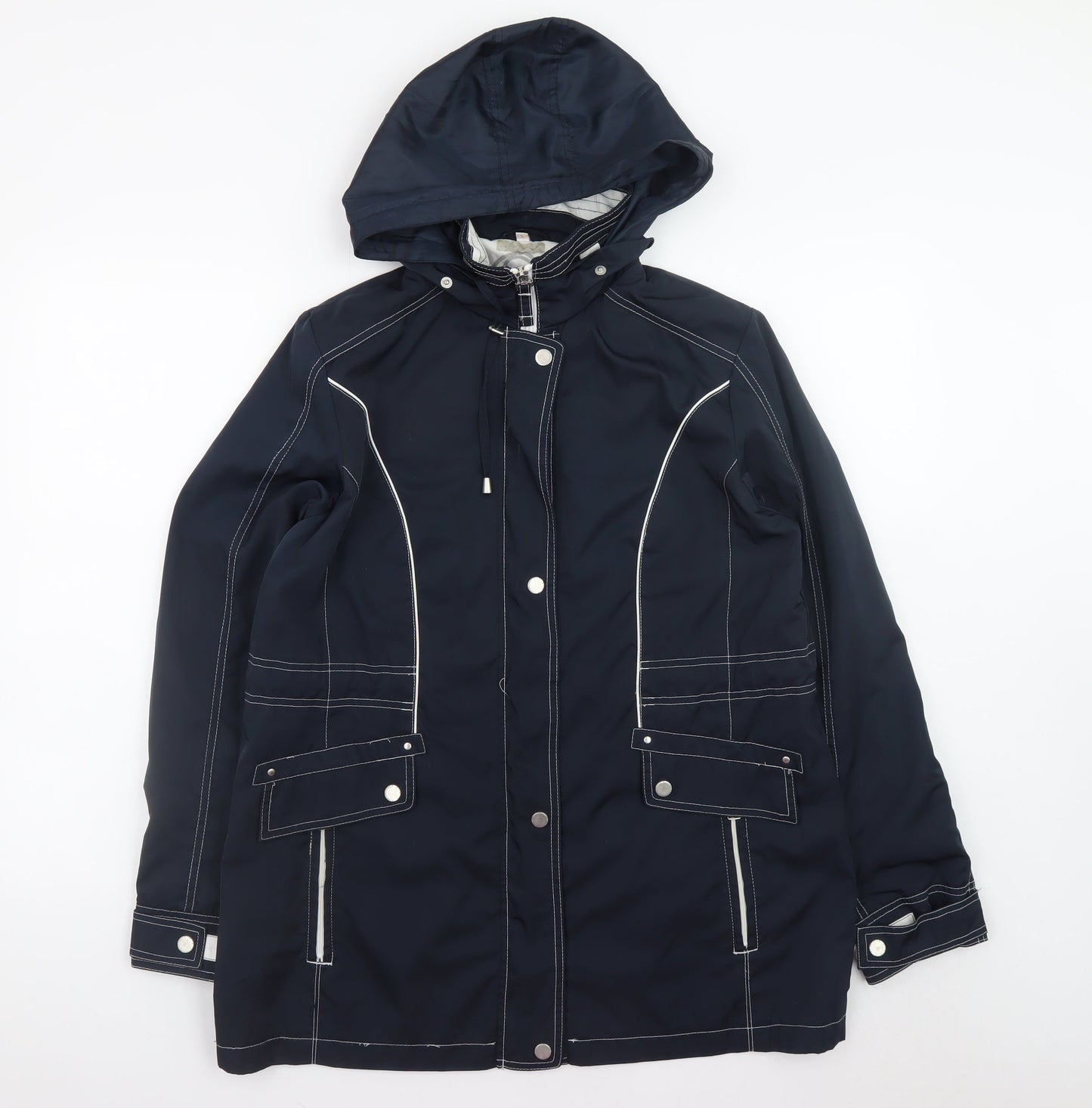 Anna Rose Women's Blue Waterproof Hooded Mid-Length Rain Coat Jacket Size S