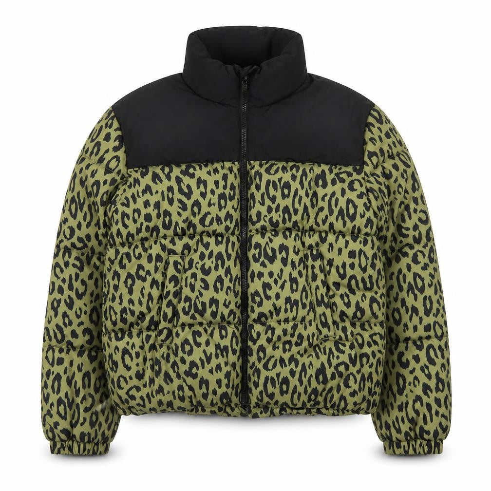 Front view of Only girls’ green leopard print puffer jacket 12 years winter coat