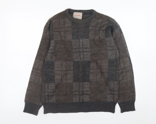Justin Men's Brown Wool Blend Check Knit Jumper Size S