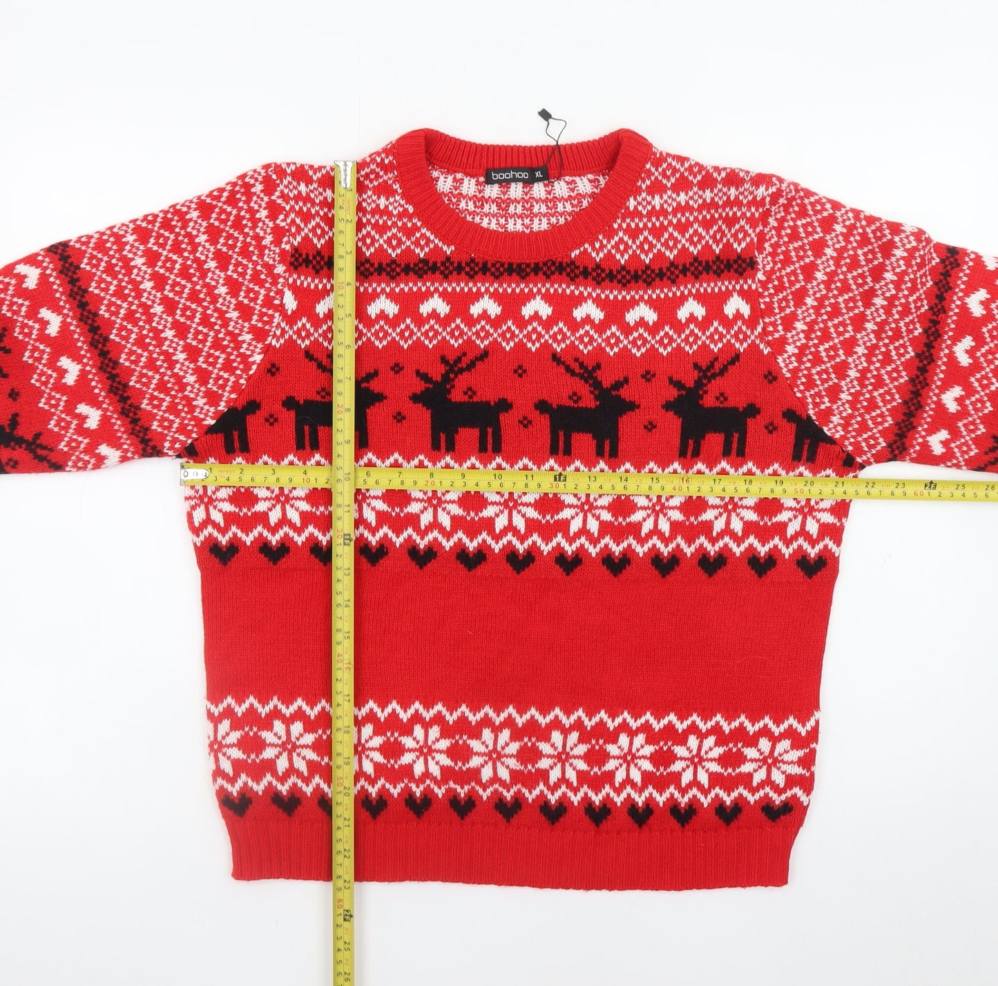Boohoo Men's Red Fair Isle Reindeer Christmas Jumper XL