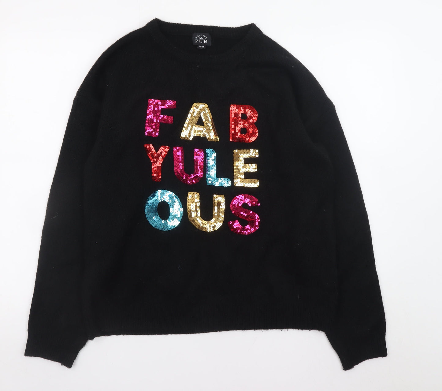 Festive Fun Women's Black Sequin Christmas Jumper Size 14 Pullover