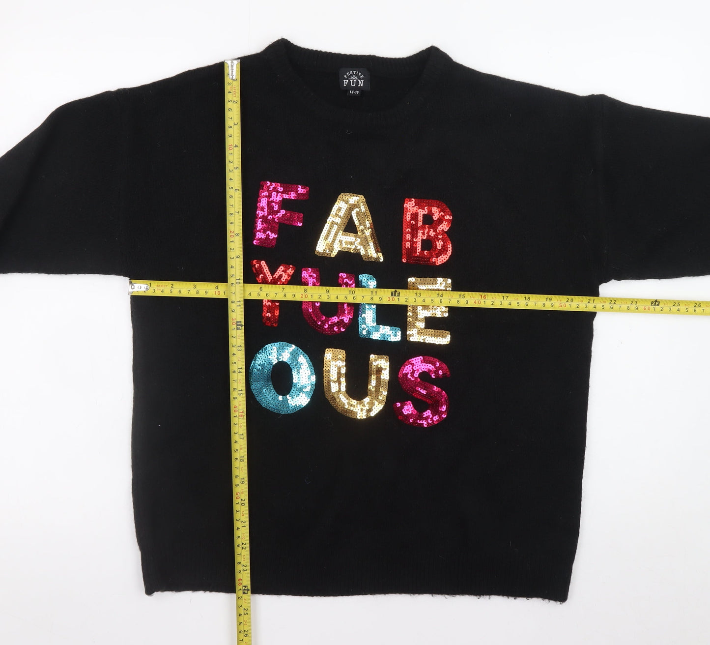 Festive Fun Women's Black Sequin Christmas Jumper Size 14 Pullover