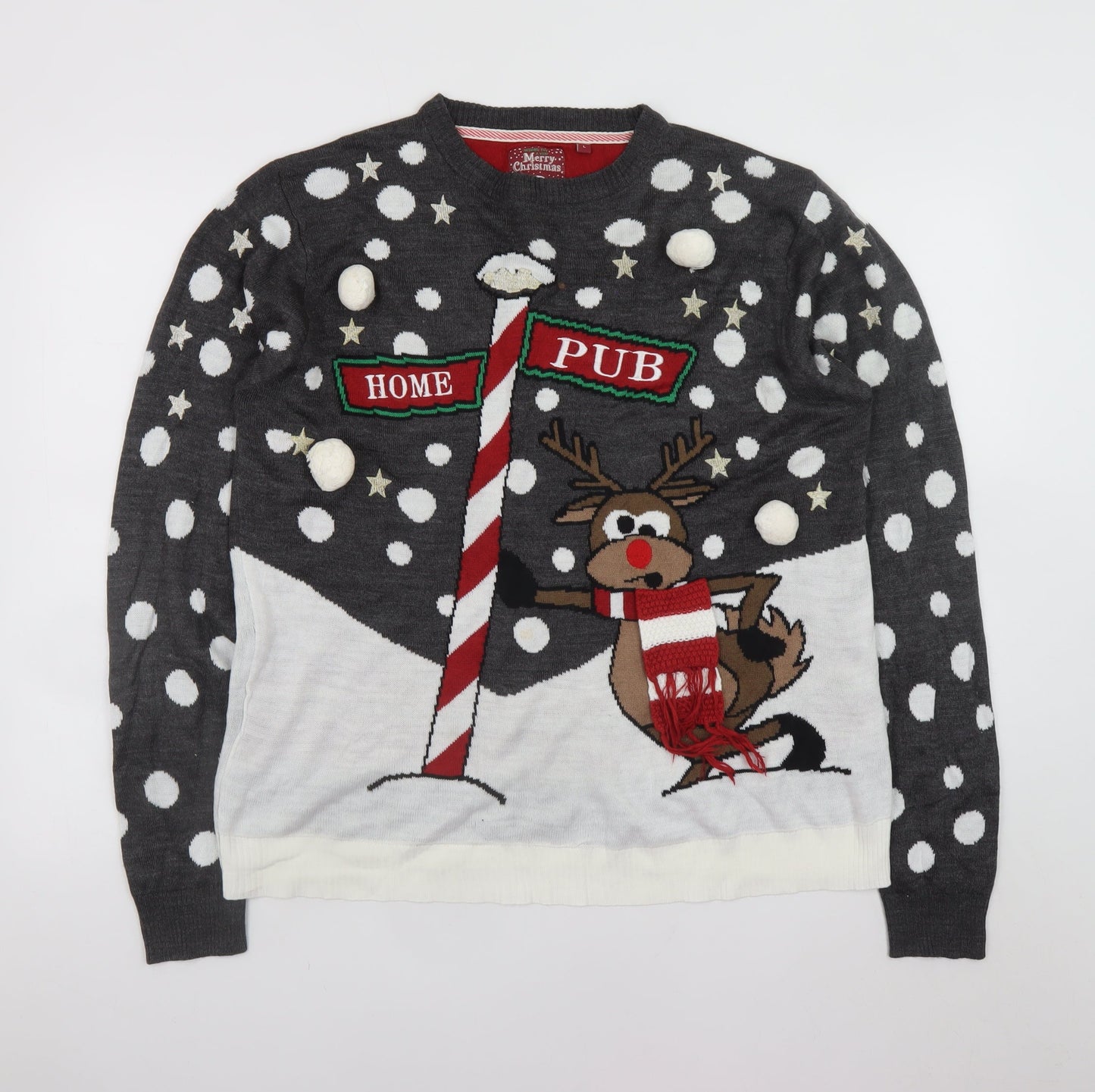 Brave Soul Men's Grey Christmas Reindeer Jumper Size L Pullover