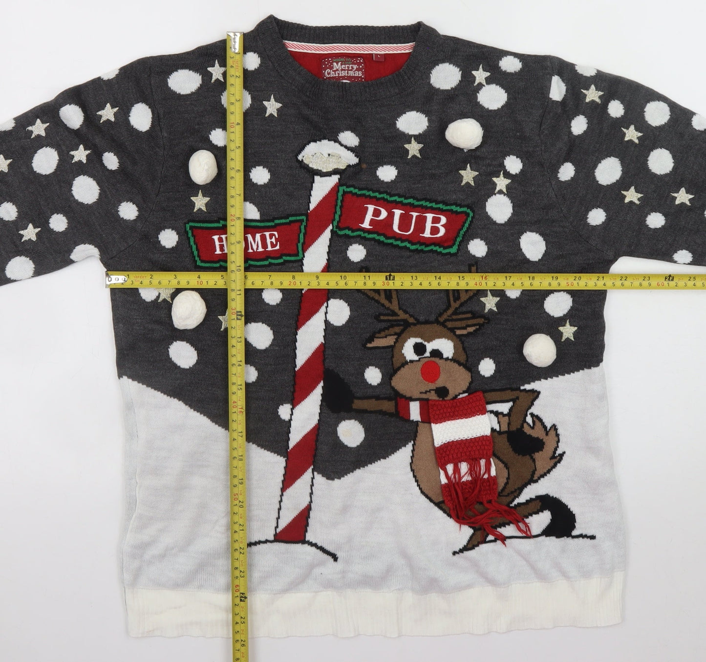Brave Soul Men's Grey Christmas Reindeer Jumper Size L Pullover