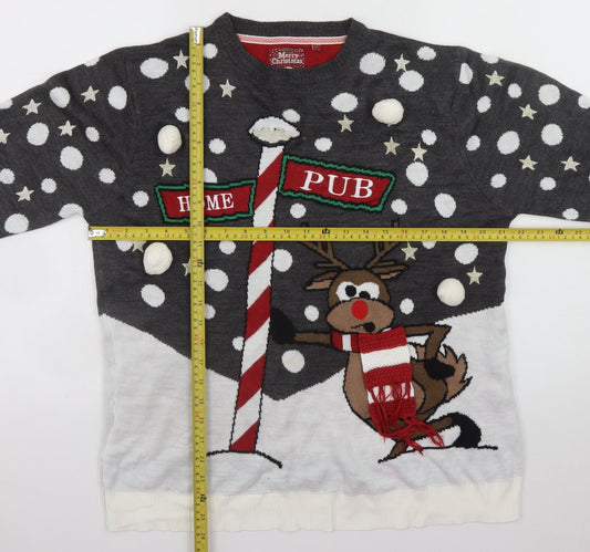 Brave Soul Men's Grey Christmas Reindeer Jumper Size L Pullover