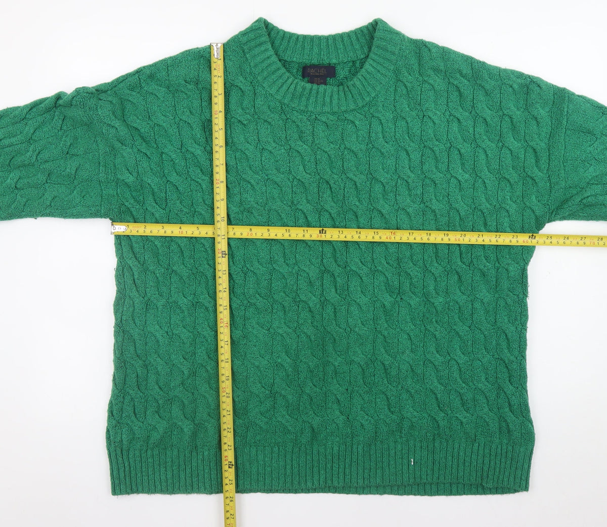 Close-up detail of Rachel Roy Men's Green Cable-Knit Crew Neck Jumper XL