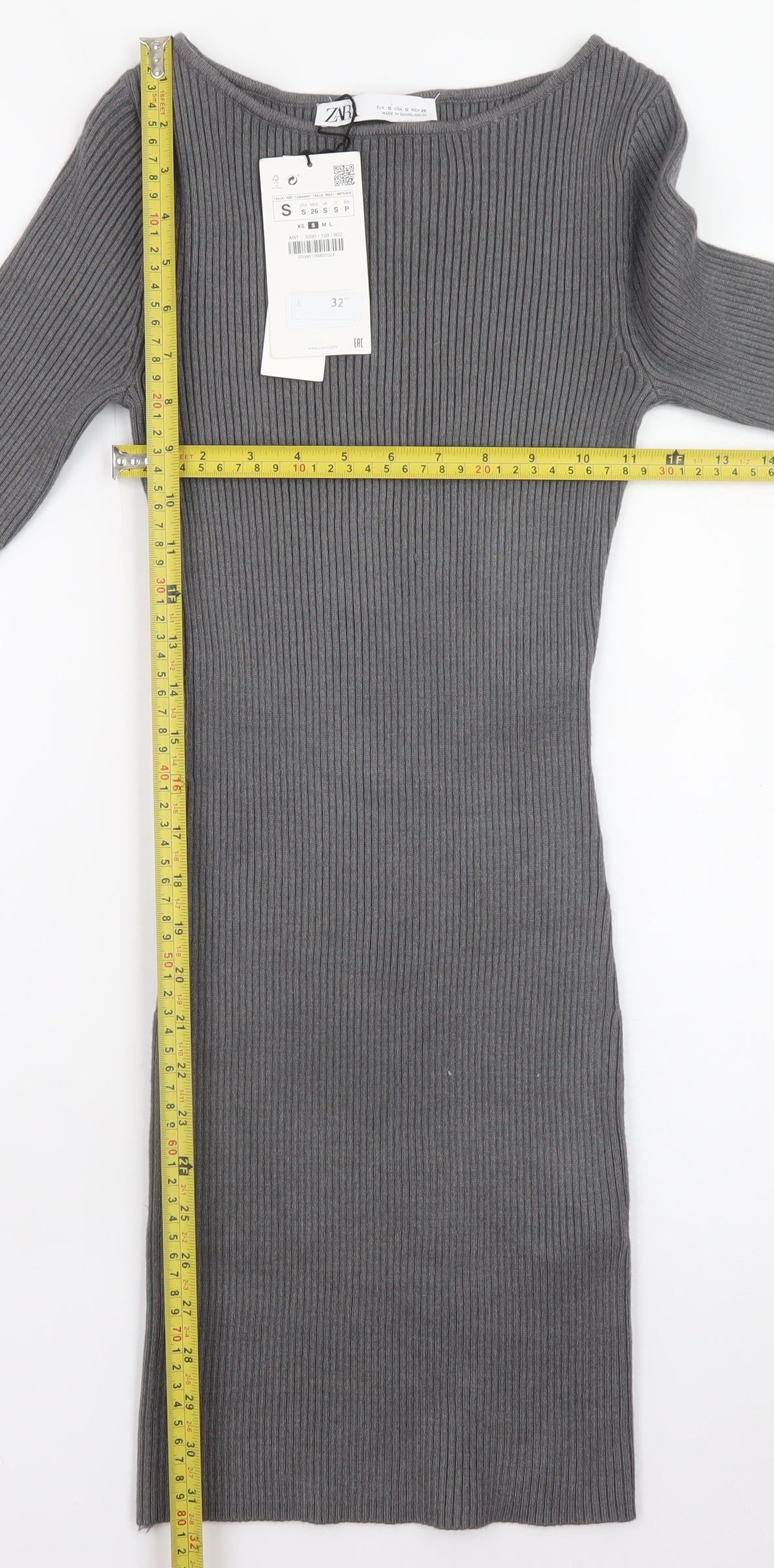 Zara Women Grey Knit Bodycon Dress Size S Long Sleeve