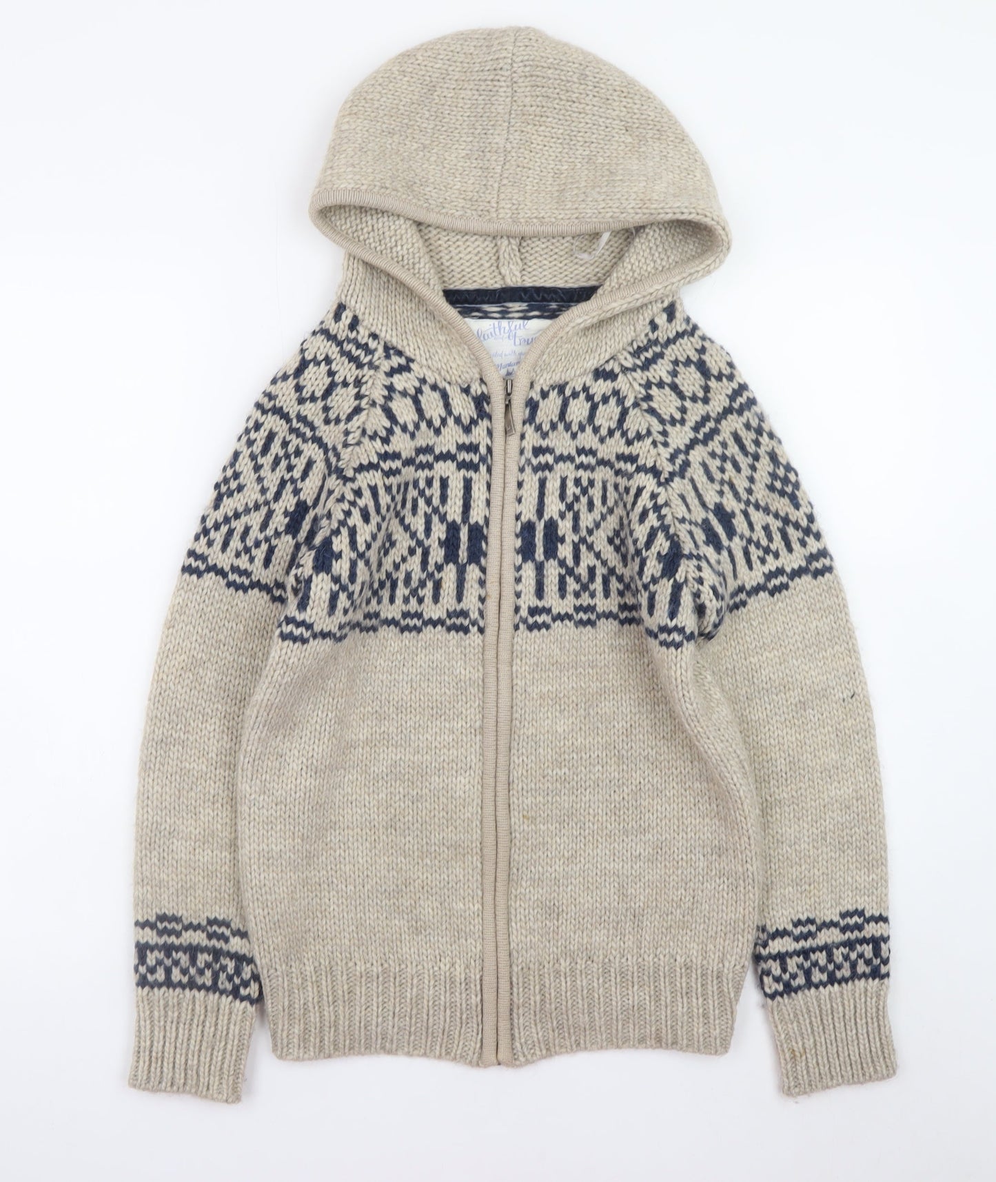Mantaray Womens Beige Fair Isle Hooded Full Zip Knitted Jumper Size 8