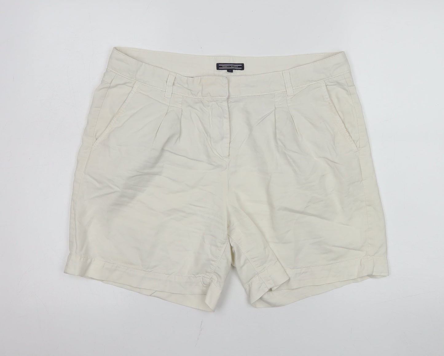 Tommy Hilfiger Women Ivory Chino Shorts Size 8 Pleated Twill Casual