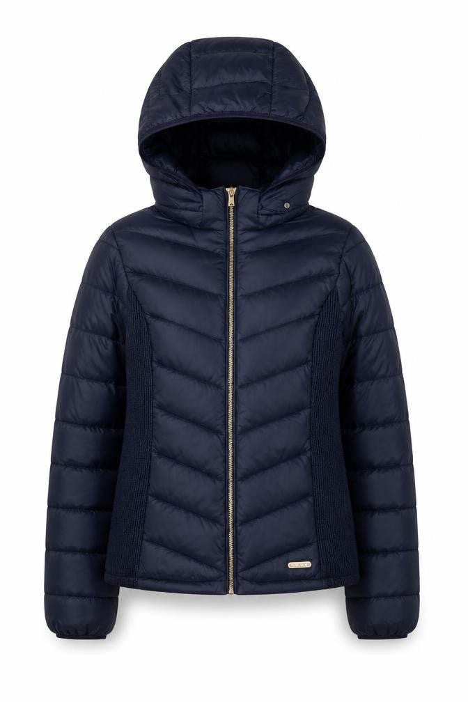 Front view of H&M girls’ blue hooded puffer jacket, size 13, years polyester autumn winter