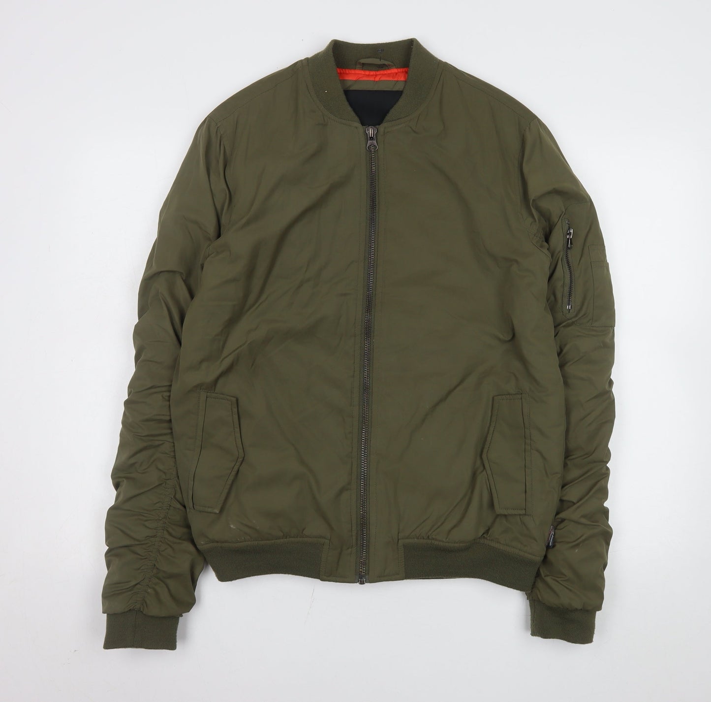 Indigo Men's Khaki Nylon Bomber Jacket Size S Lightweight Lined Zip