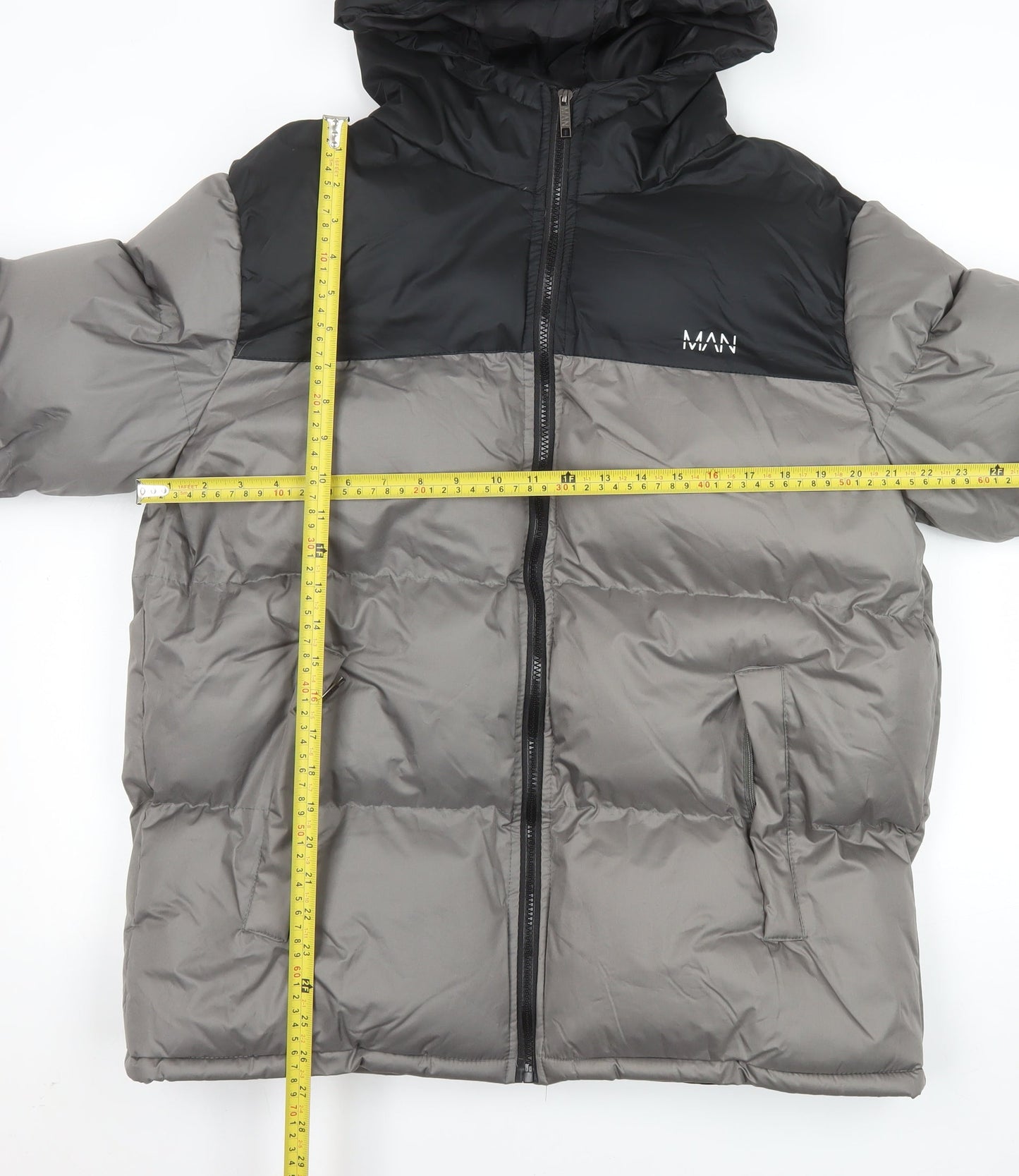 boohooMAN Men’s Grey Black Hooded Puffer Jacket 2XL Winter Coat