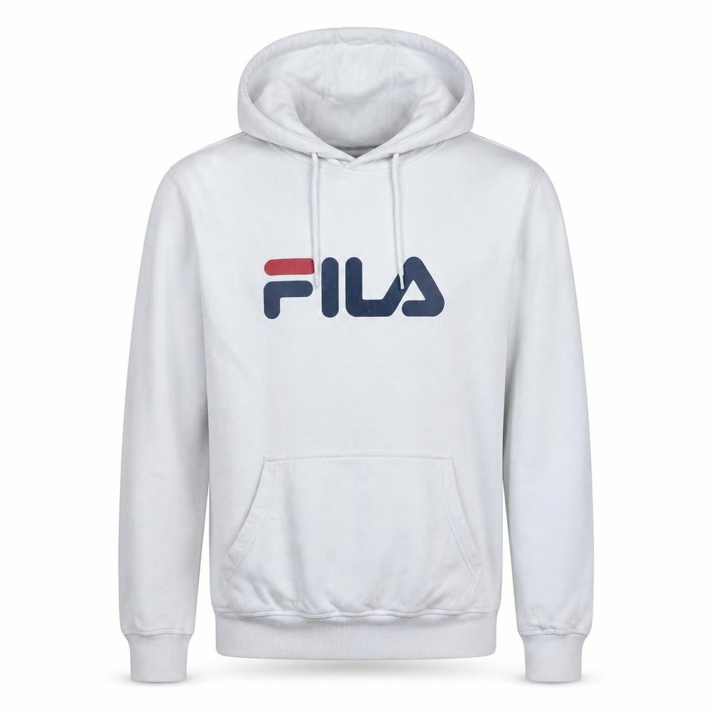 Front view of Fila Men's White Pullover Hoodie Small Regular Fit Fleece Activewear