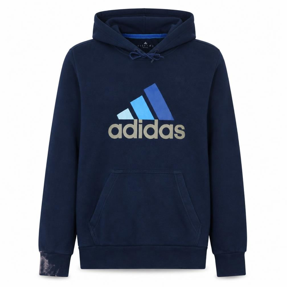 Front view of Adidas Men's Blue Pullover Hoodie, size S, Sports Fleece Sweatshirt