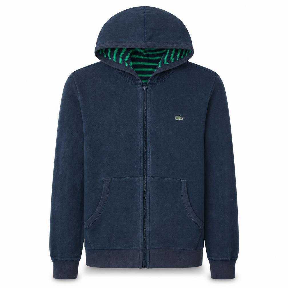 Front view of Lacoste Men’s Blue Full Zip Hoodie, size S, Logo Embroidered Cotton