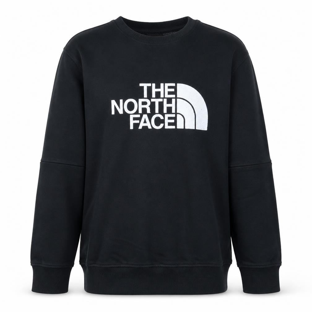 Front view of The North Face boys’ black m crew neck pullover sweatshirt cotton logo