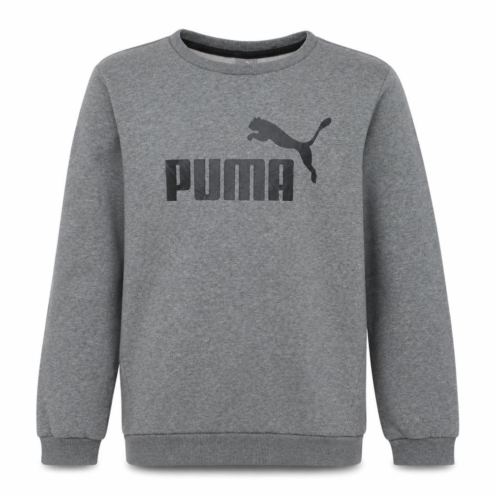 Front view of Puma boys’ grey crew neck pullover sweatshirt 15-16 years logo print