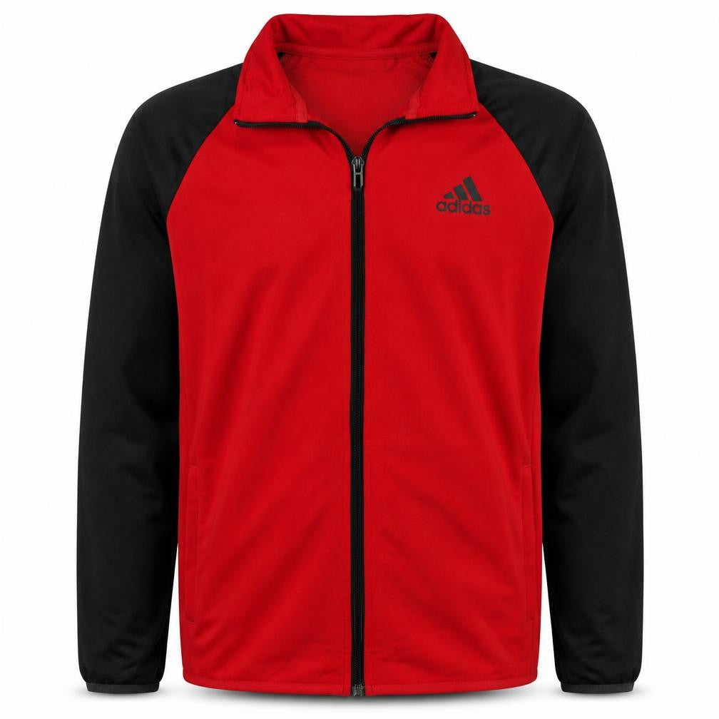 Front view of Adidas boys’ red black track jacket 13-14 years full zip sportswear