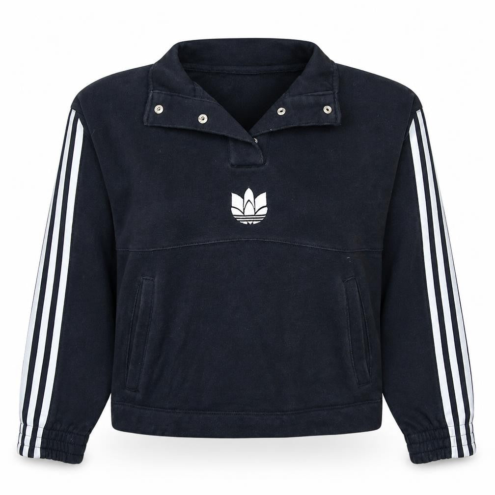 Front view of Adidas women’s black xs pullover sweatshirt with logo and stripes