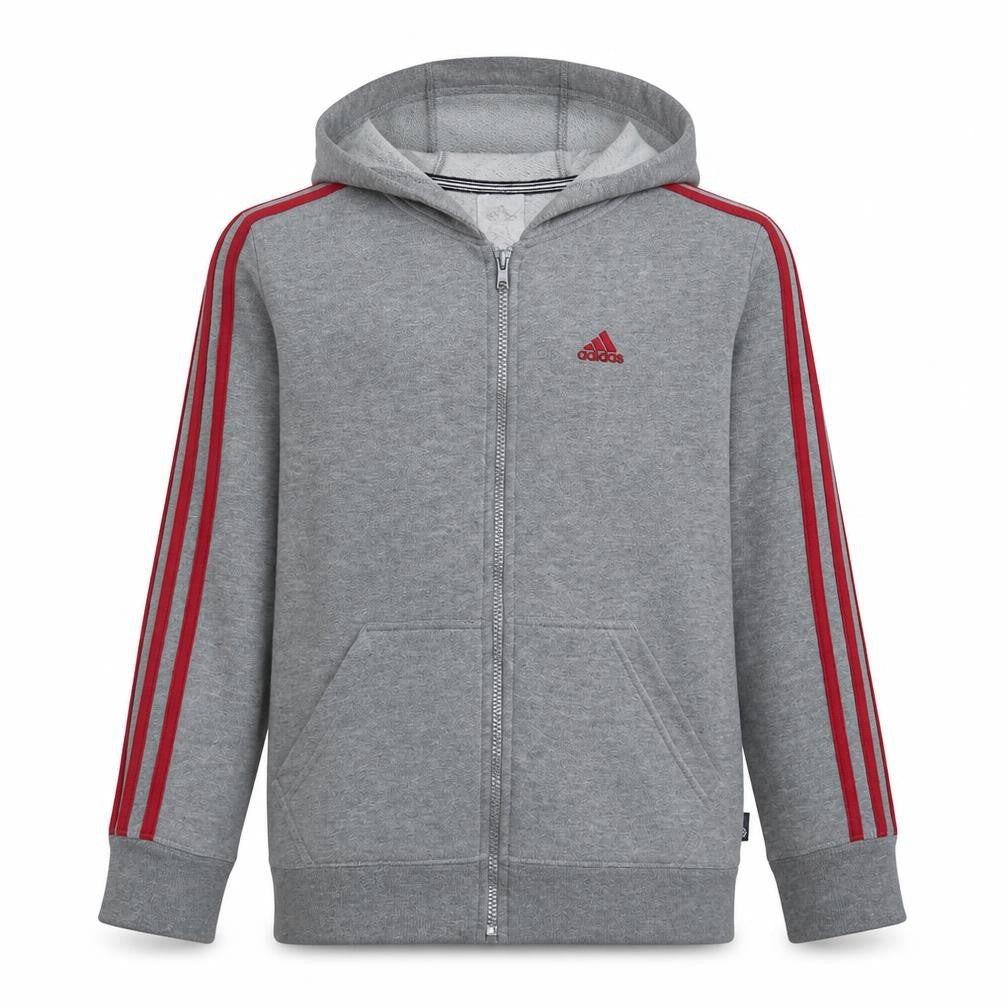 Front view of Adidas boys’ grey full zip hoodie, size 10, years classic sportswear