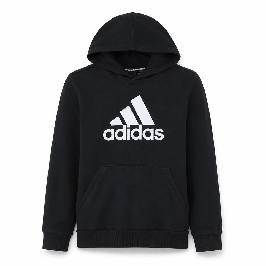 Front view of Adidas boys’ black pullover hoodie 13-14 years graphic logo fleece