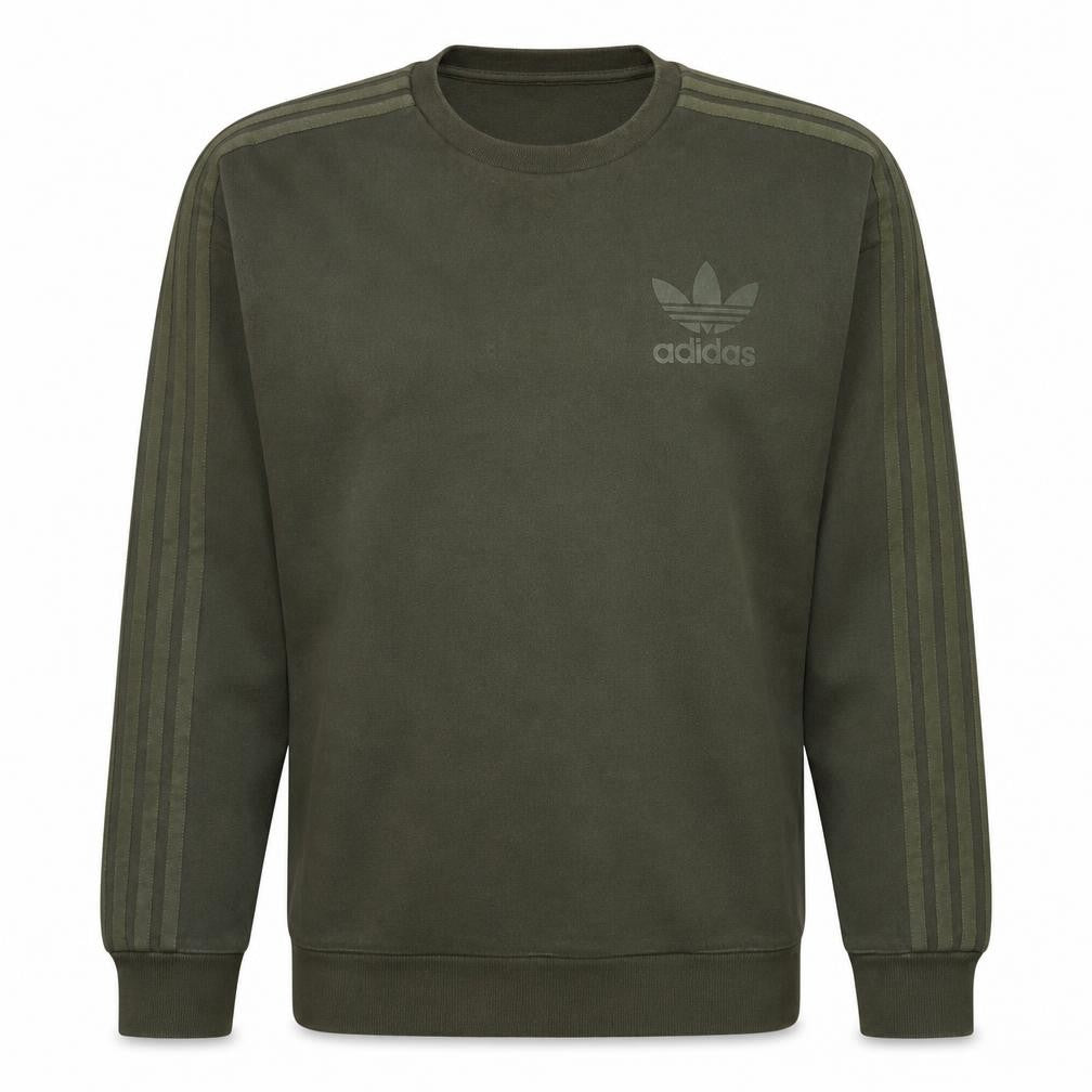 Front view of adidas men’s green crew neck pullover sweatshirt, size S