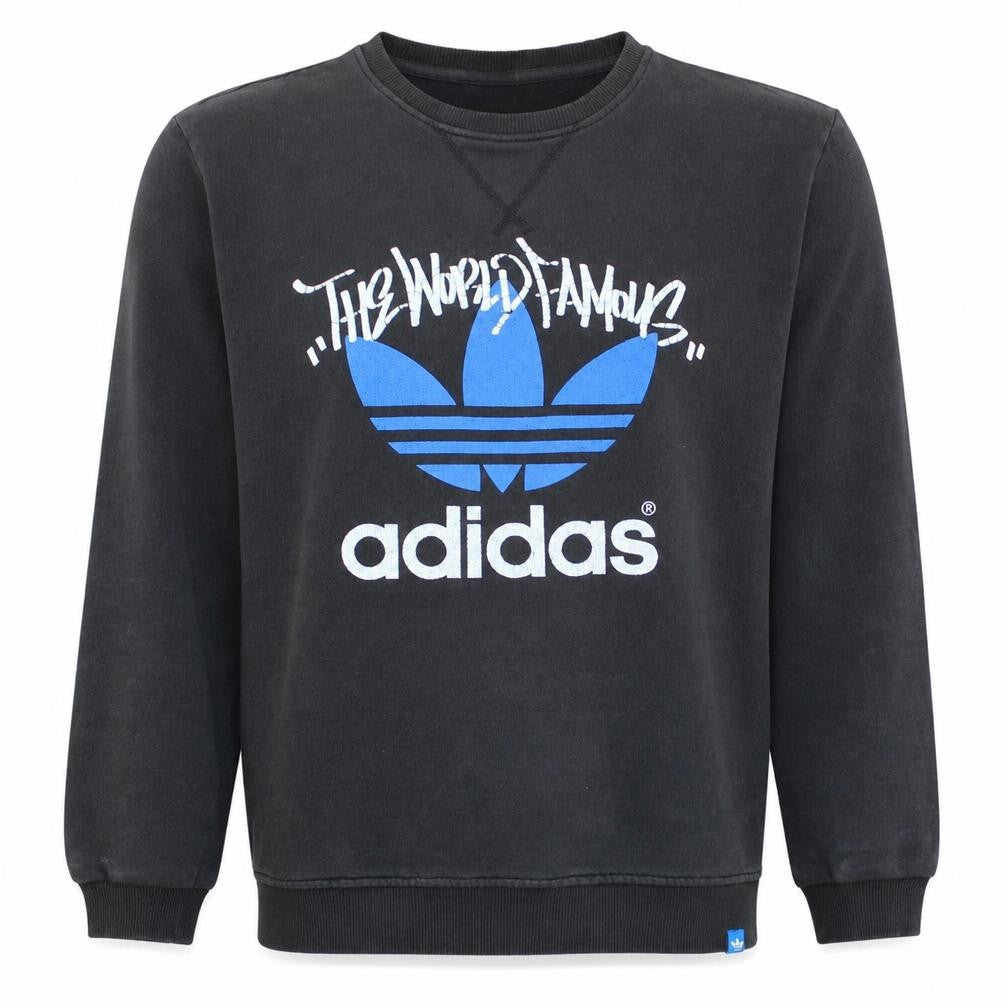 Front view of Adidas men’s black medium pullover sweatshirt with logo print