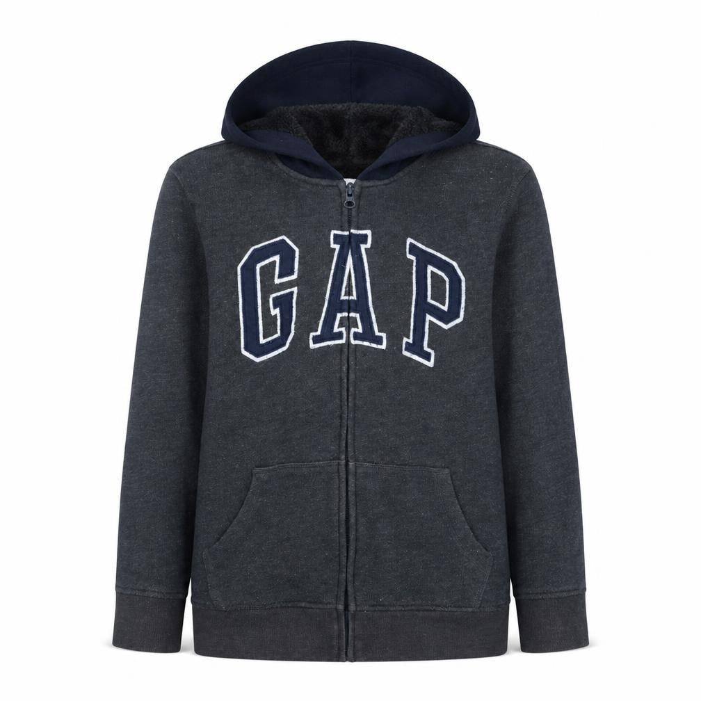 Front view of Gap boys’ grey full zip fleece lined hoodie 13-14 years
