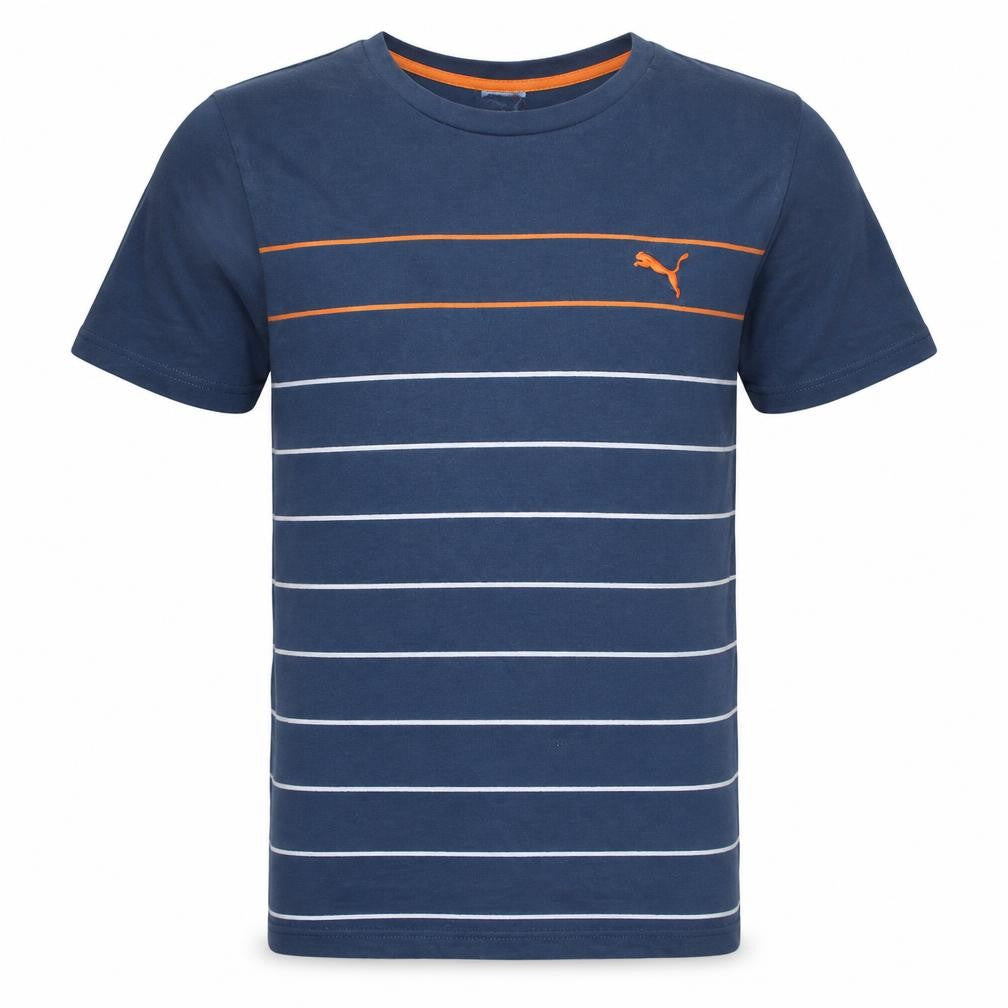 Front view of Puma Men's Blue Striped Crew Neck Cotton T-Shirt, size M