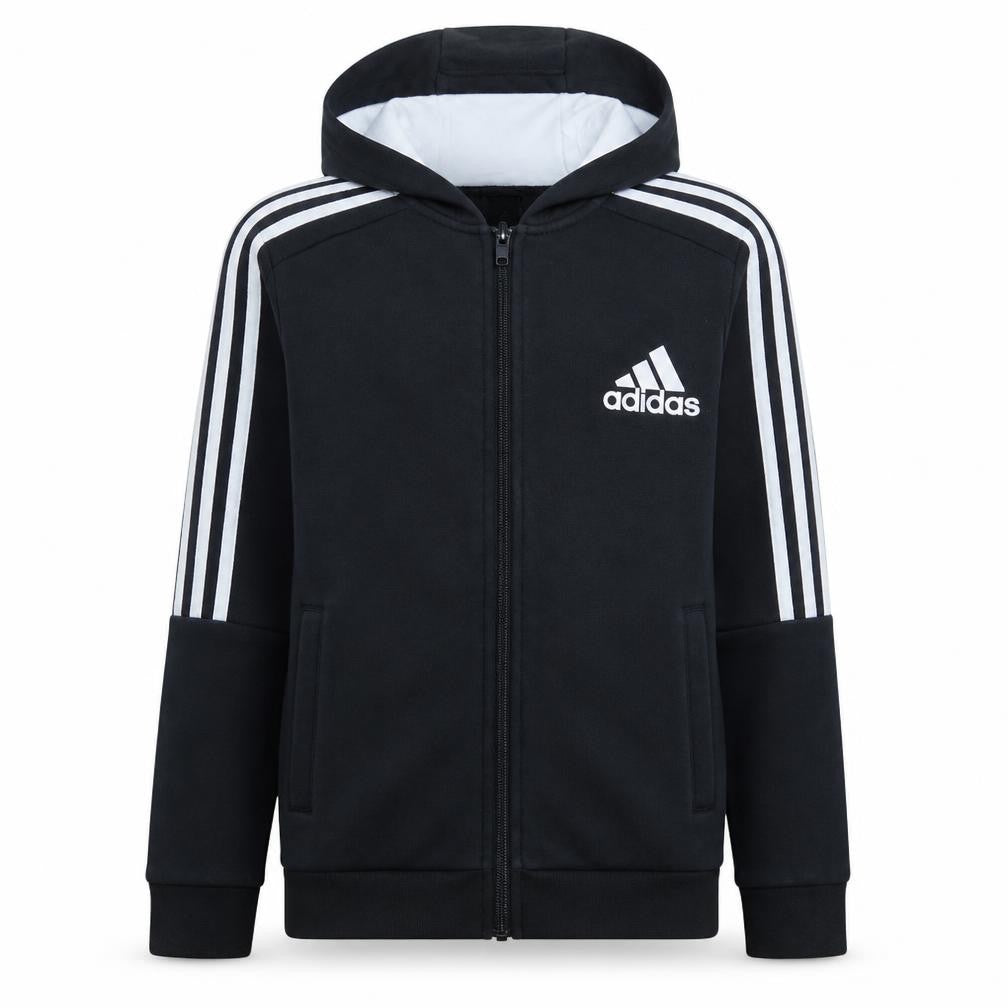 Front view of Adidas boys’ black full zip hoodie, size 13-14, years cotton blend sportswear