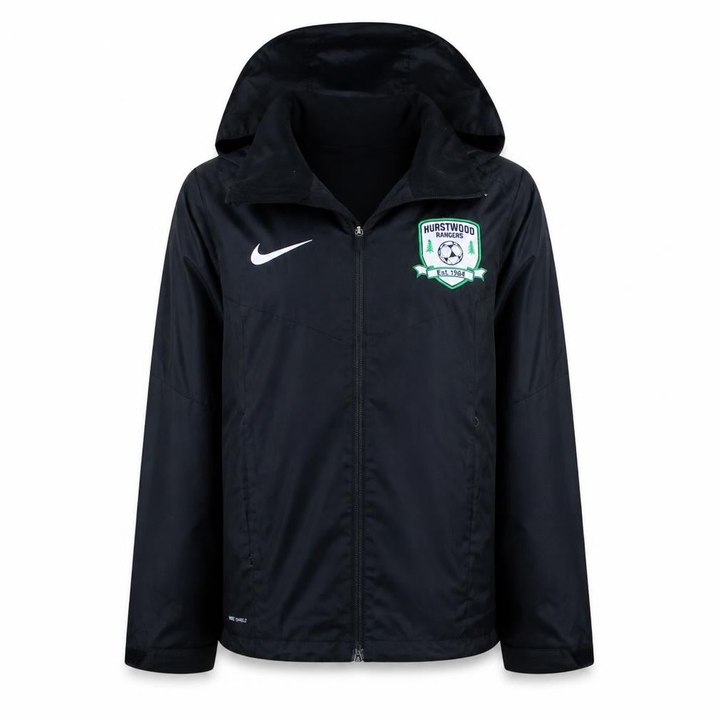 Front view of Nike boys’ black hooded windbreaker jacket 10-12 years water resistant football