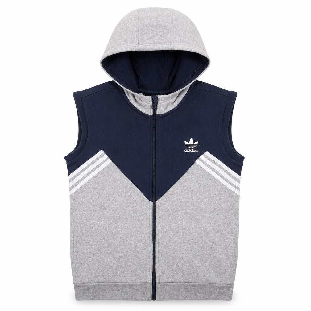 Front view of Adidas boys’ grey & navy full zip sleeveless hoodie age 13-14 years